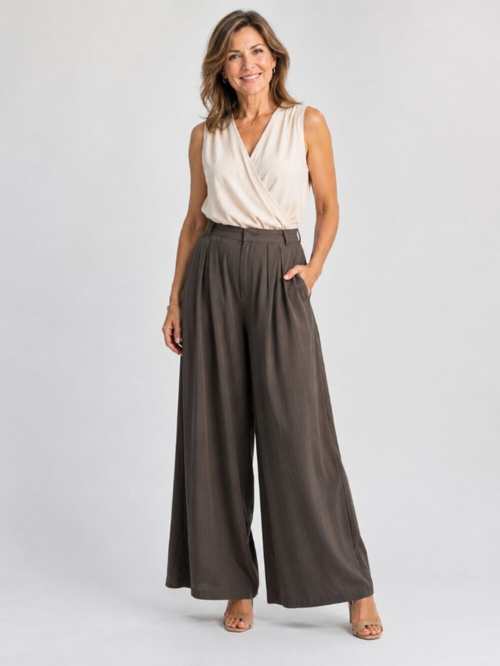 Mulla Linen Pleated Wide Leg Office Professional Pants Taupe Brown Trousers Sz M